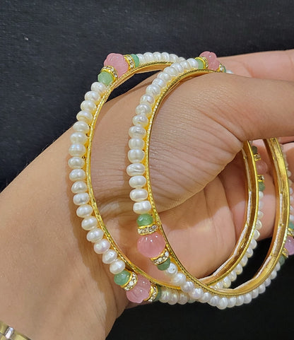 Set of 2 | Real Pearl Bangles with Gold Alloy Base (Pastel Pink) | Sizes 2.2 to 2.10