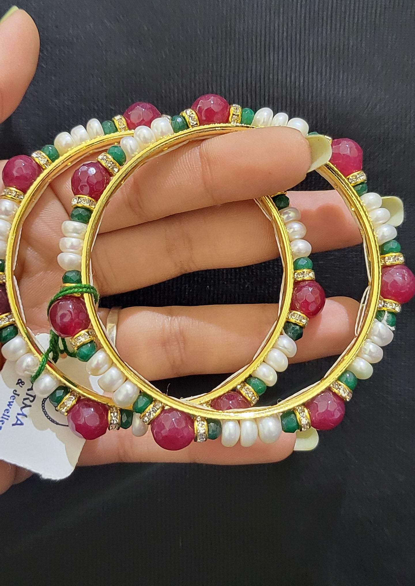 Set of 2 | Real Pearl Bangles with Gold Alloy Base (Pink & Green) | Sizes 2.2 to 2.10