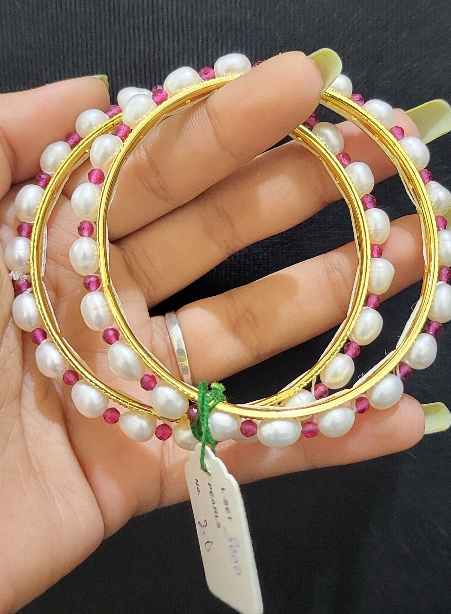 Set of 2 | Real Pearl Bangles with Gold Alloy Base (Pink Small Beads) | Sizes 2.2 to 2.10