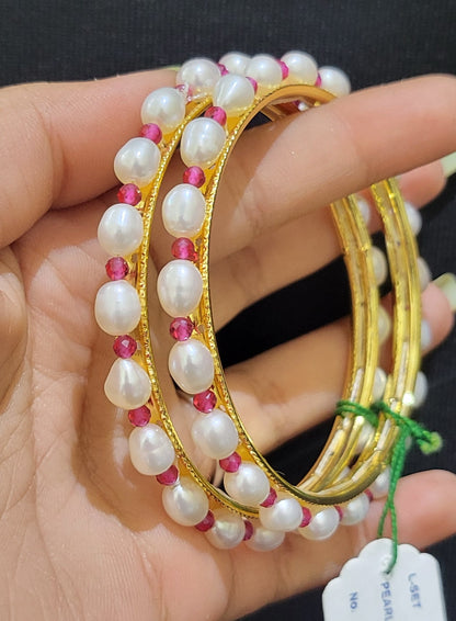 Set of 2 | Real Pearl Bangles with Gold Alloy Base (Pink Small Beads) | Sizes 2.2 to 2.10