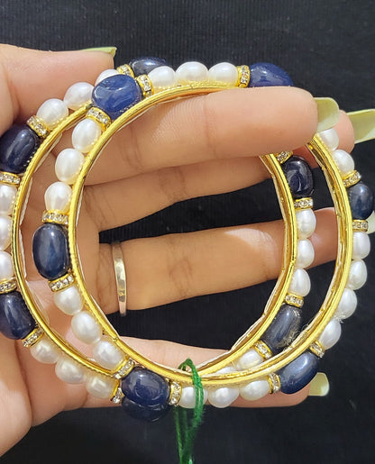 Set of 2 | Real Pearl Bangles with Gold Alloy Base (Blue Beads) | Sizes 2.2 to 2.10