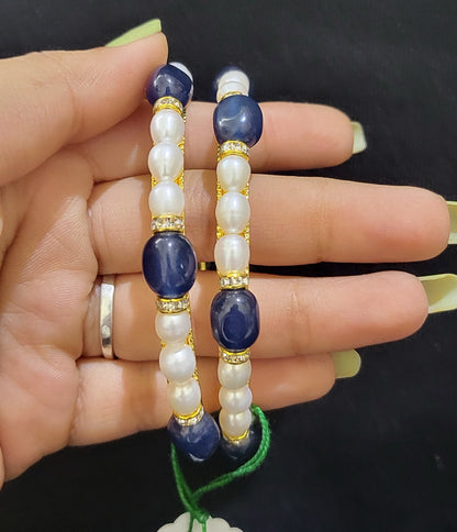 Set of 2 | Real Pearl Bangles with Gold Alloy Base (Blue Beads) | Sizes 2.2 to 2.10