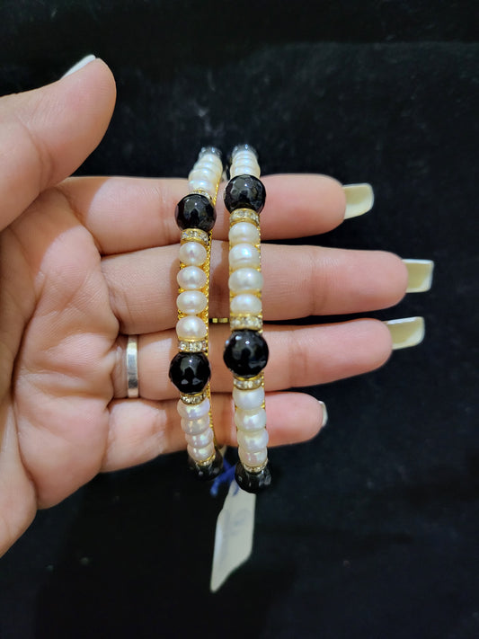 Set of 2 | Real Pearl Bangles with Black Beads (Gold Alloy Base) | Sizes 2.2 to 2.10