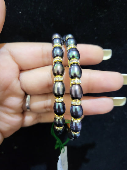 Set of 2 | Real Black Pearl Bangles (Gold Alloy Base) | Sizes 2.2 to 2.10