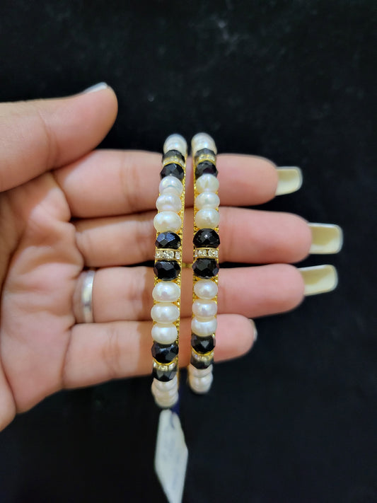 Set of 2 | Real Pearl Bangles with Black Beads (Gold Alloy Base) | Sizes 2.2 to 2.10