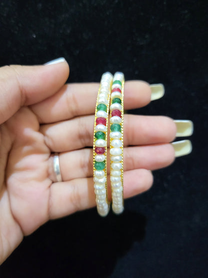 Set of 2 | Real Pearl Bangles with Red & Green Beads (Gold Alloy Base) | Sizes 2.2 to 2.10