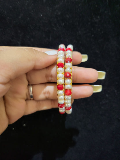 Set of 2 | Real Pearl Bangles with Red Beads (Gold Alloy Base) | Sizes 2.2 to 2.10