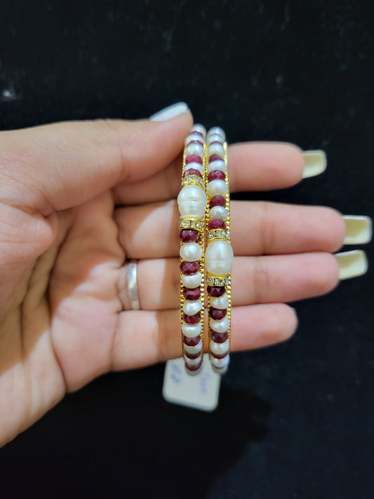 Set of 2 | Real Pearl Bangles with Maroon Beads (Gold Alloy Base) | Sizes 2.2 to 2.10