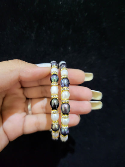 Set of 2 | Real Pearl Bangles | Black & White Pearls (Gold Alloy Base) | Sizes 2.2 to 2.10