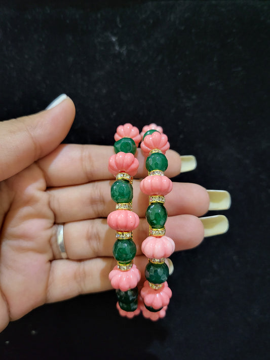 Set of 2 | Pumpkin Coral & Onax Beads  Bangles (Gold Alloy Base) | Sizes 2.2 to 2.10