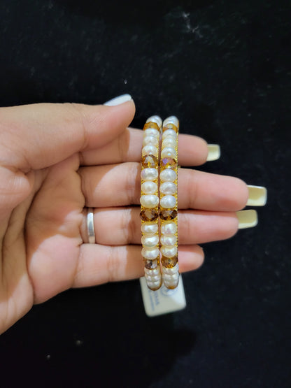 Set of 2 | Real Pearl Bangles with Yellow Beads (Gold Alloy Base) | Sizes 2.2 to 2.10