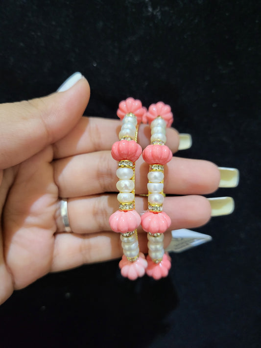 Set of 2 | Real Pearl Bangles with Pumpkin Pink Beads (Gold Alloy Base) | Sizes 2.2 to 2.10