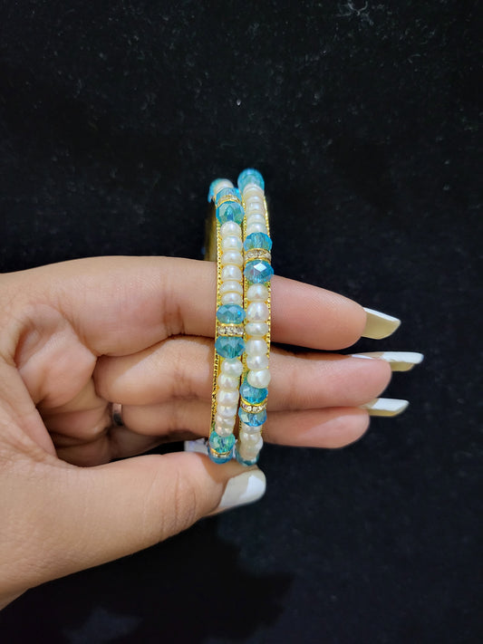 Set of 2 | Real Pearl Bangles with Blue Beads (Gold Alloy Base) | Sizes 2.2 to 2.10