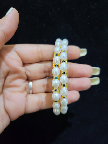 Set of 2 | Real Pearl Bangles White with Blue Beads (Gold Alloy Base) | Sizes 2.2 to 2.10