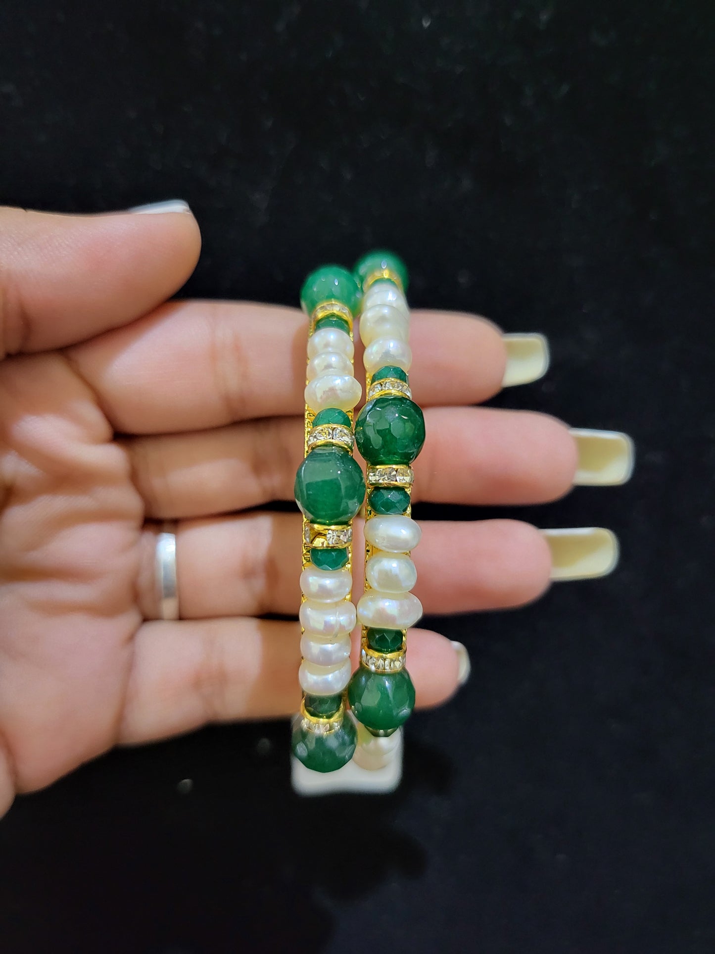 Set of 2 | Real Pearl Bangles White with Green Beads (Gold Alloy Base) | Sizes 2.2 to 2.10