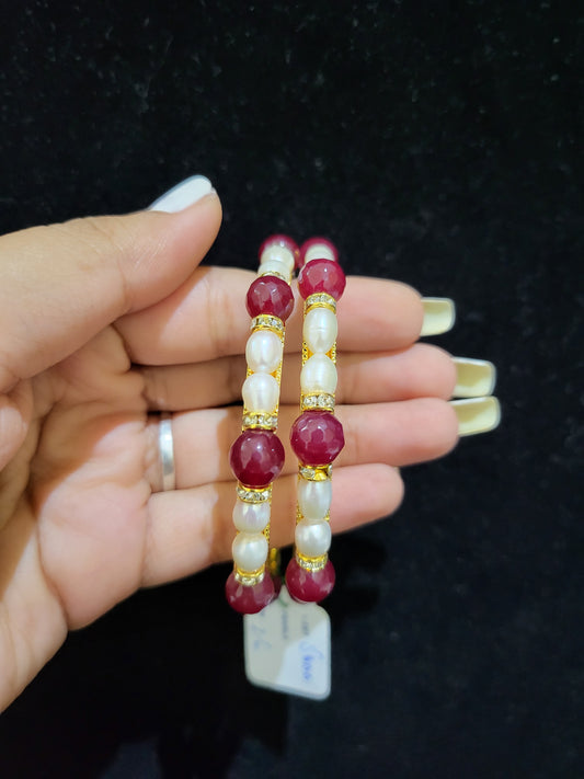 Set of 2 | Real Pearl Bangles White with Hot Pink Beads (Gold Alloy Base) | Sizes 2.2 to 2.10