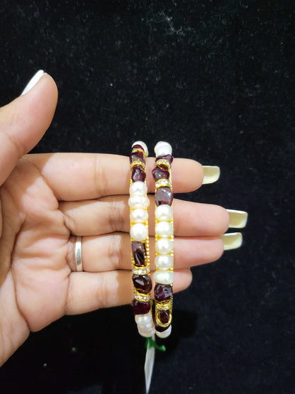 Set of 2 | Real Pearl Bangles White with Garnet Beads (Gold Alloy Base) | Sizes 2.2 to 2.10