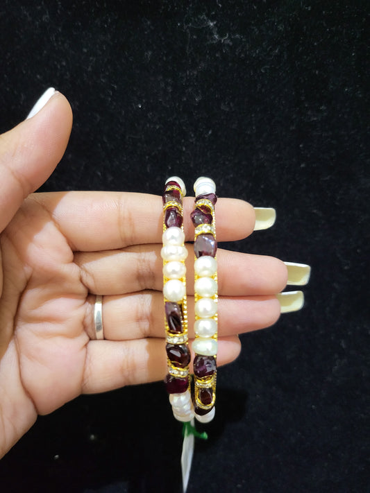 Set of 2 | Real Pearl Bangles White with Garnet Beads (Gold Alloy Base) | Sizes 2.2 to 2.10