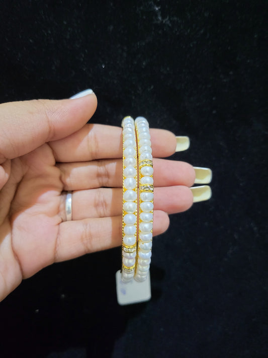 Set of 2 | Real Pearl Bangles | Pure White Pearls (Gold Alloy Base) | Sizes 2.2 to 2.10