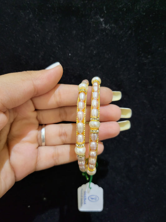 Set of 2 | Real Peach Pearl Bangles (Gold Alloy Base) | Sizes 2.2 to 2.10