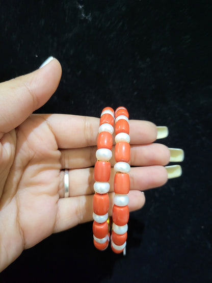 Set of 2 | Real Pearl Bangles with Coral Beads (Gold Alloy Base) | Sizes 2.2 to 2.10