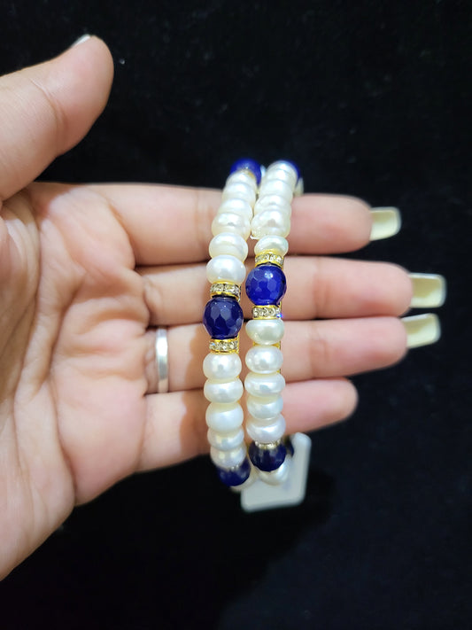Set of 2 | Real Pearl Bangles with Blue Beads (Gold Alloy Base) | Sizes 2.2 to 2.10