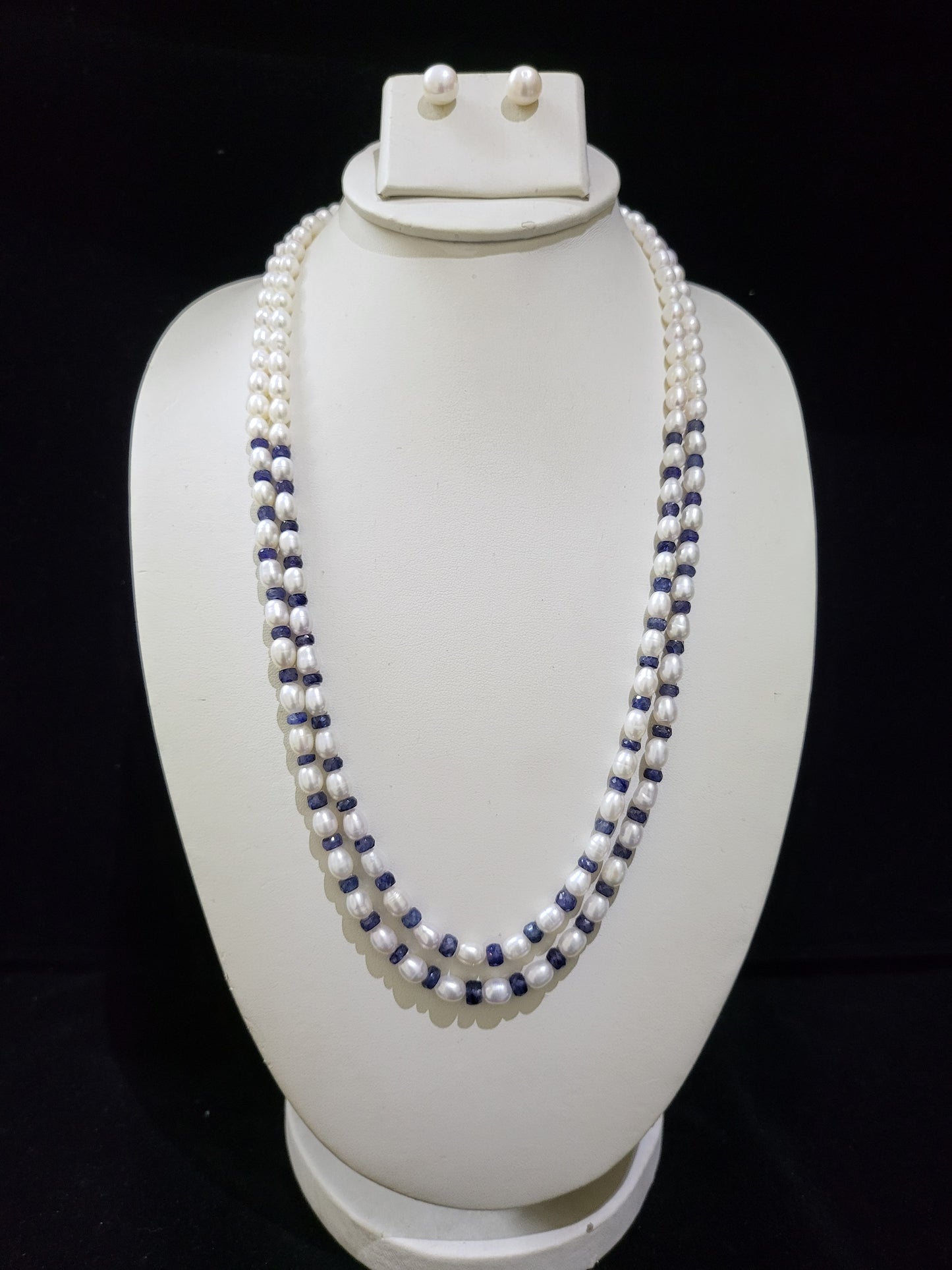 Real Pearls Necklace | White pearls with blue sapphire cut beads