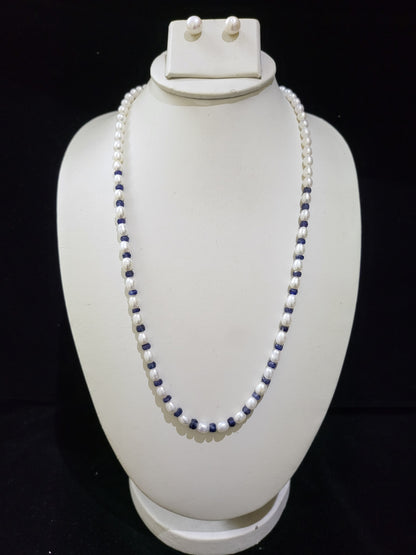 Real Pearls Necklace | White pearls with blue sapphire cut beads