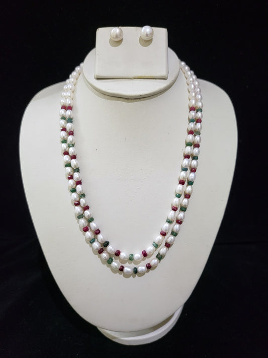 Premium Real Pearls Necklace | White Pearls & Red-Green Beads