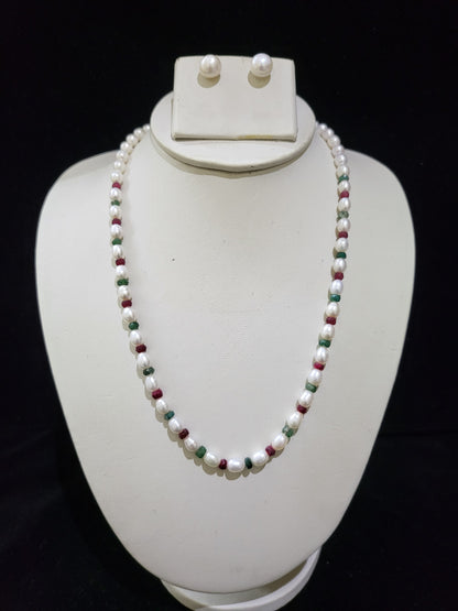 Premium Real Pearls Necklace | White Pearls & Red-Green Beads