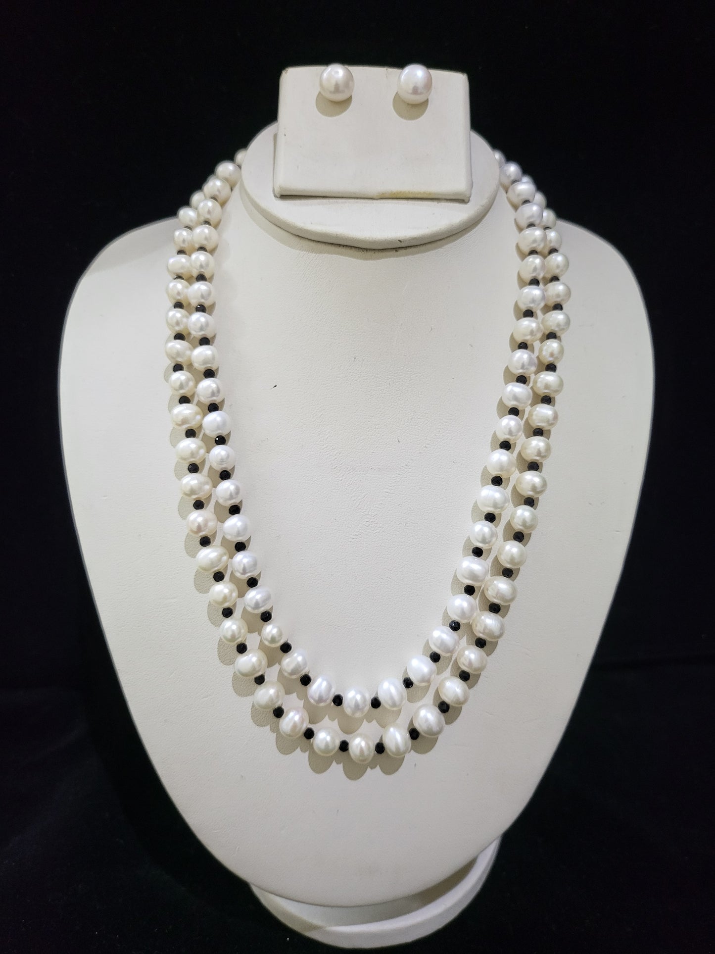 Double Layer Real Pearls Necklace | White pearls with black swarovski beads crystal