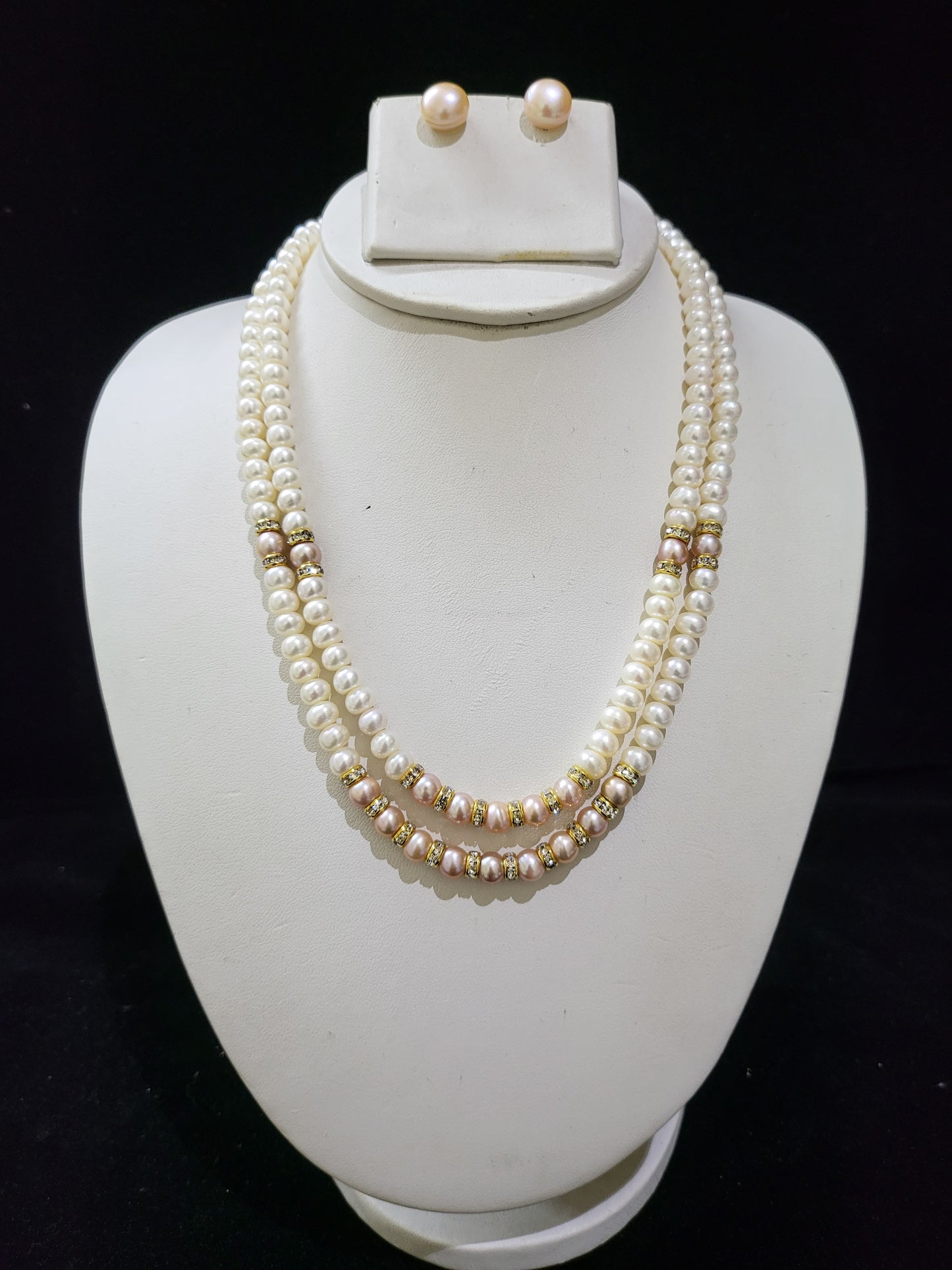 Double Layer Real Pearls Necklace | Peach & White Pearls