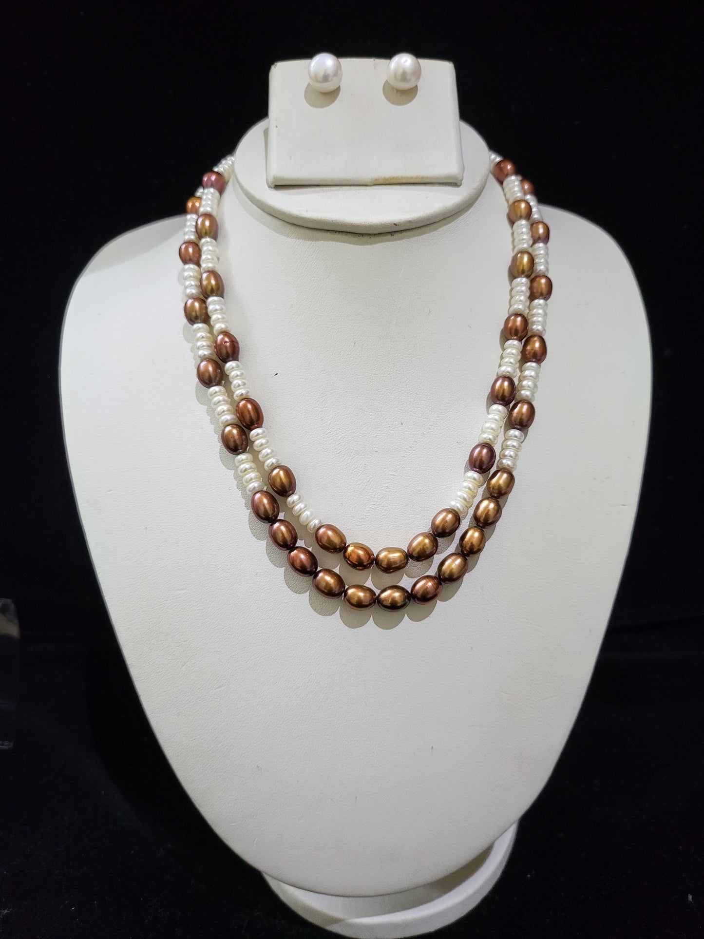 Double Layer Real Pearls Necklace | White & Brown Pearls