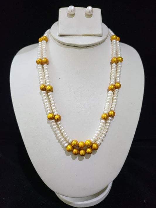 Double Layer Real Pearls Necklace | White pearls & Golden Pearls