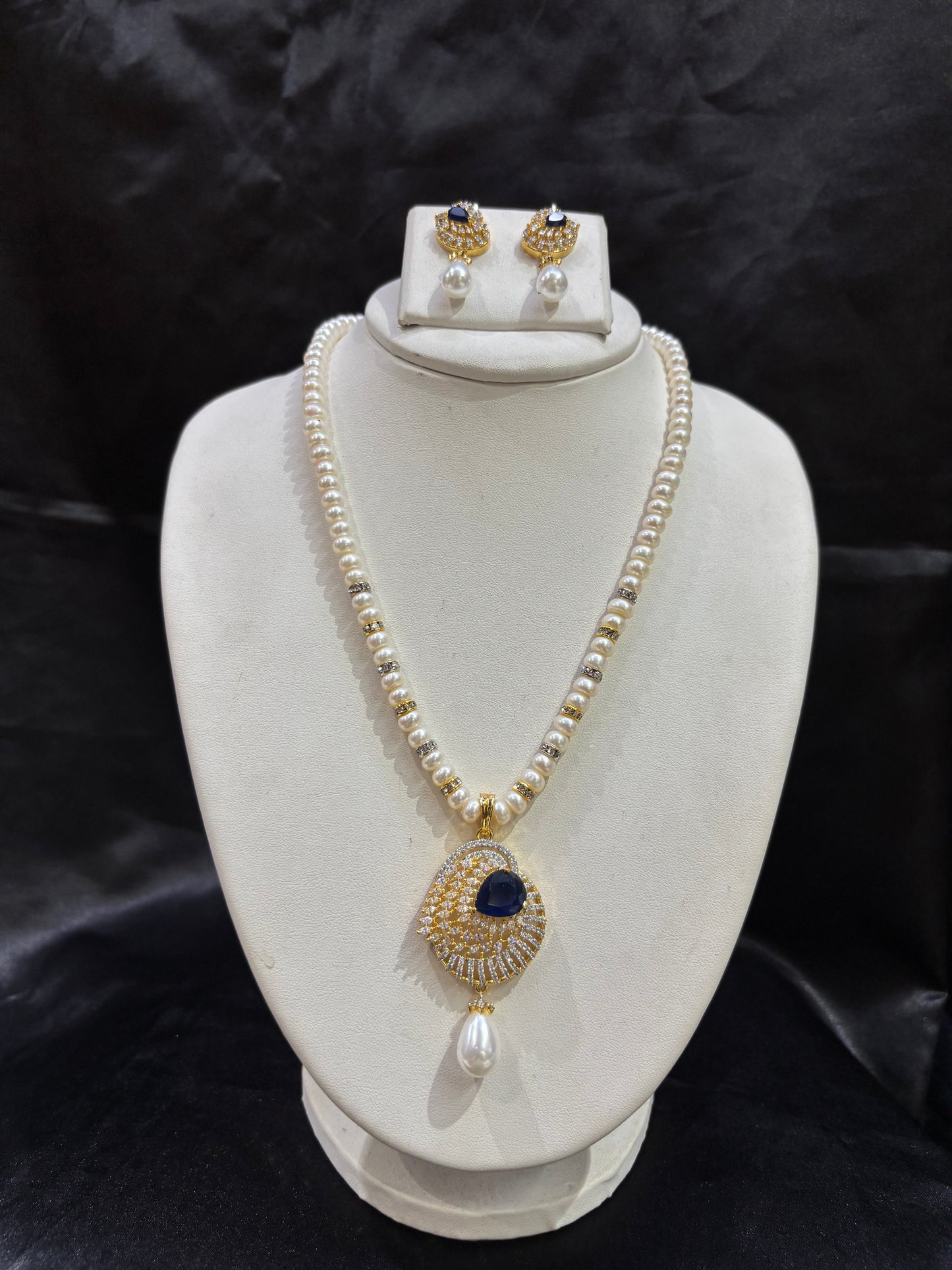Royal Blue Stone Freshwater Pearl Pendant Necklace Set – Code 50006