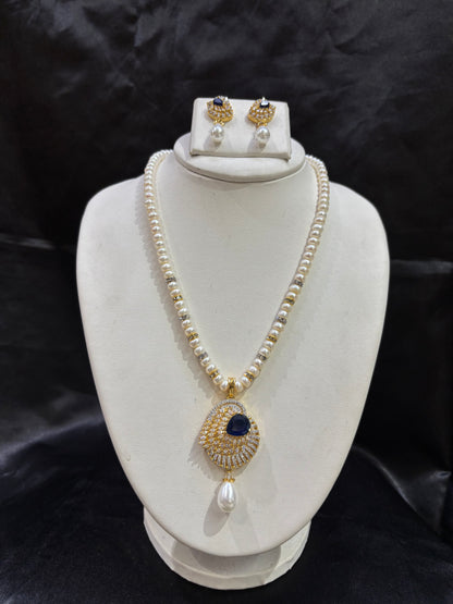 Royal Blue Stone Freshwater Pearl Pendant Necklace Set – Code 50006