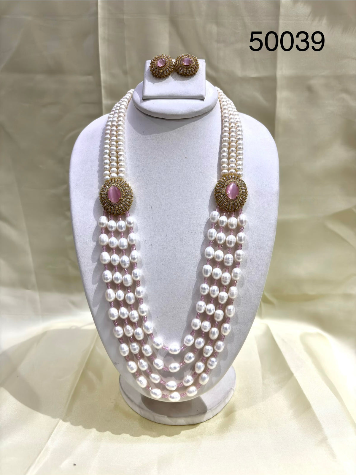 Pink Pearl Multi-Strand Necklace Set with Oval Pink Stones