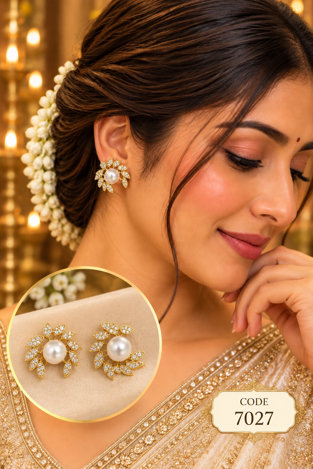 Gold Floral Pearl Stud Earrings – Code 7027