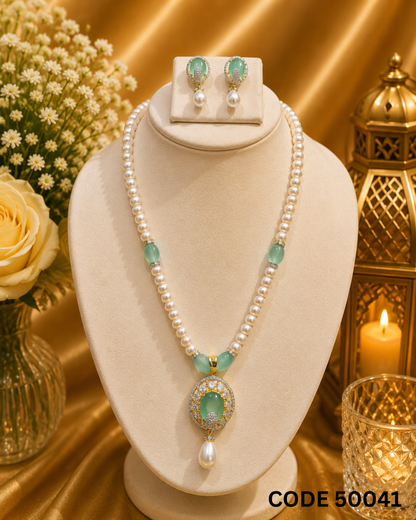 Premium Mint Green Pearl Pendant Set – Code 50041