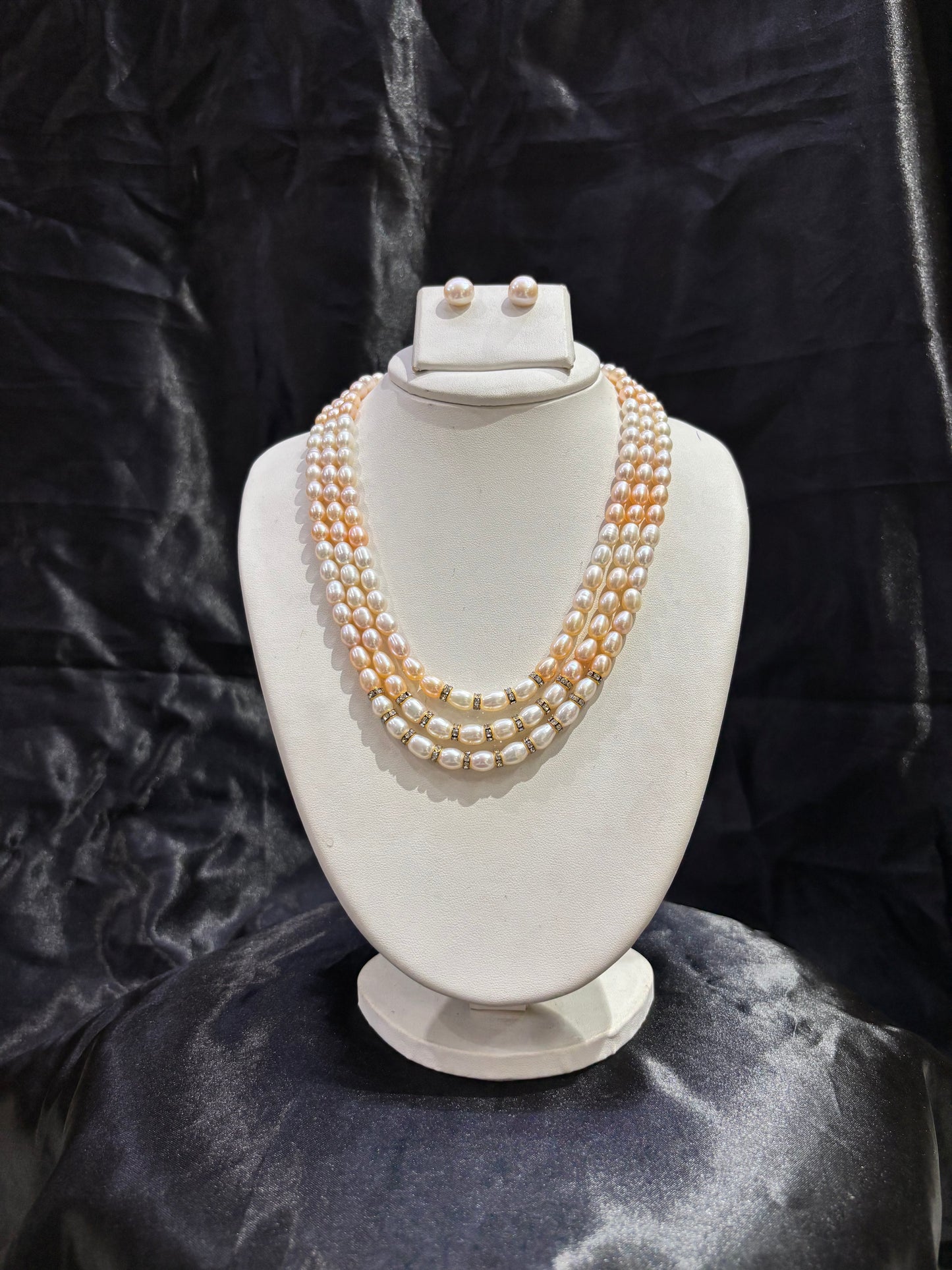 Elegant Triple Layer Peach & White Freshwater Pearl Necklace Set