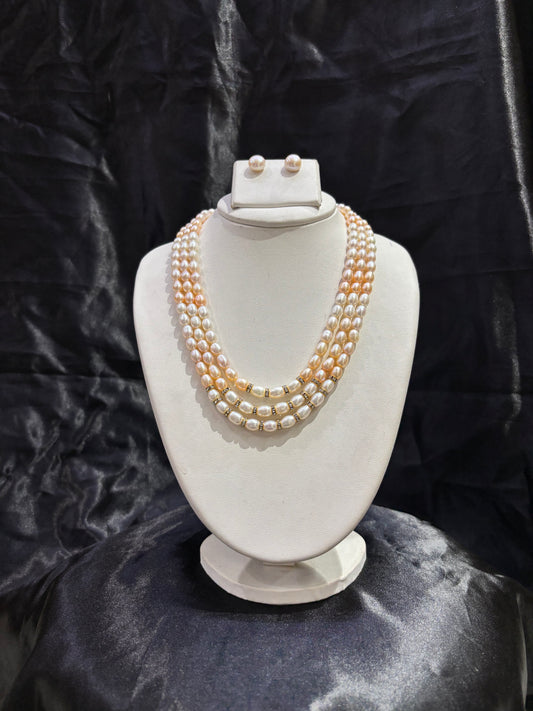 Elegant Triple Layer Peach & White Freshwater Pearl Necklace Set