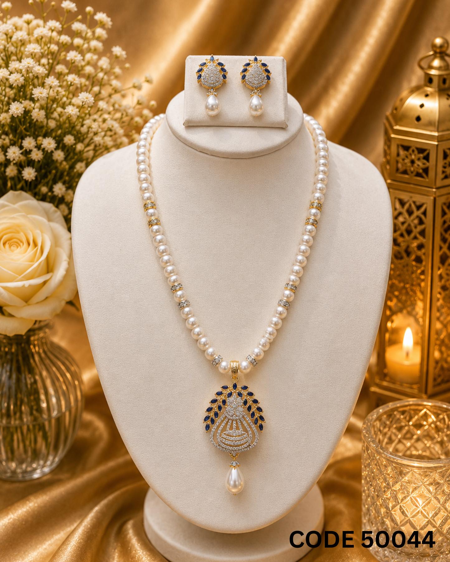 Royal Blue Designer Pearl Pendant Set – Code 50044