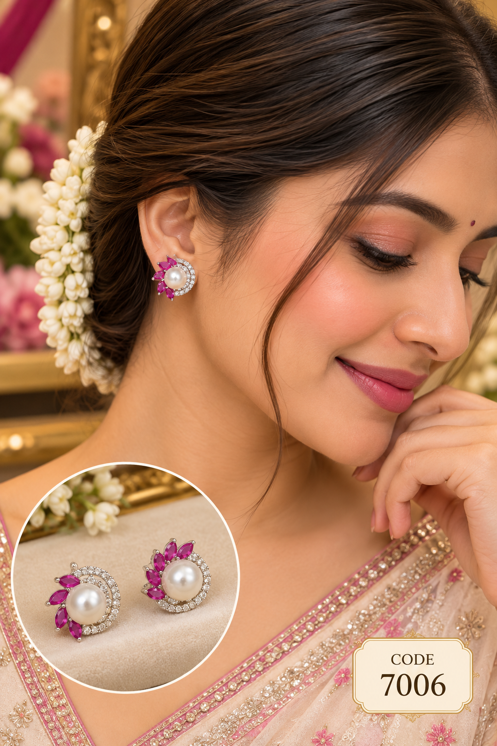 Pink Stone Pearl Stud Earrings – Code 7006