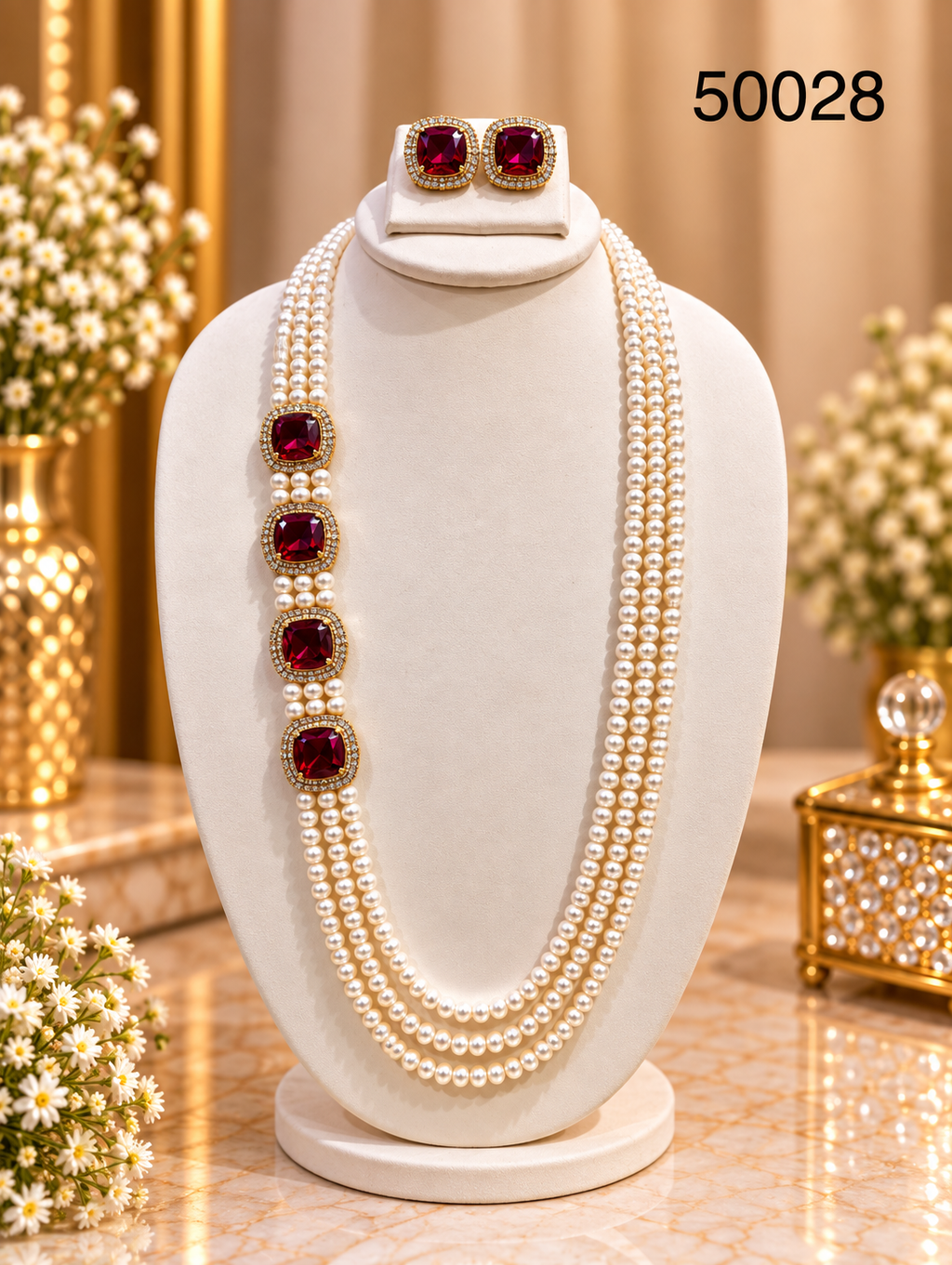 White Pearl Multi-Strand Necklace Set with Ruby-Coloured Stones