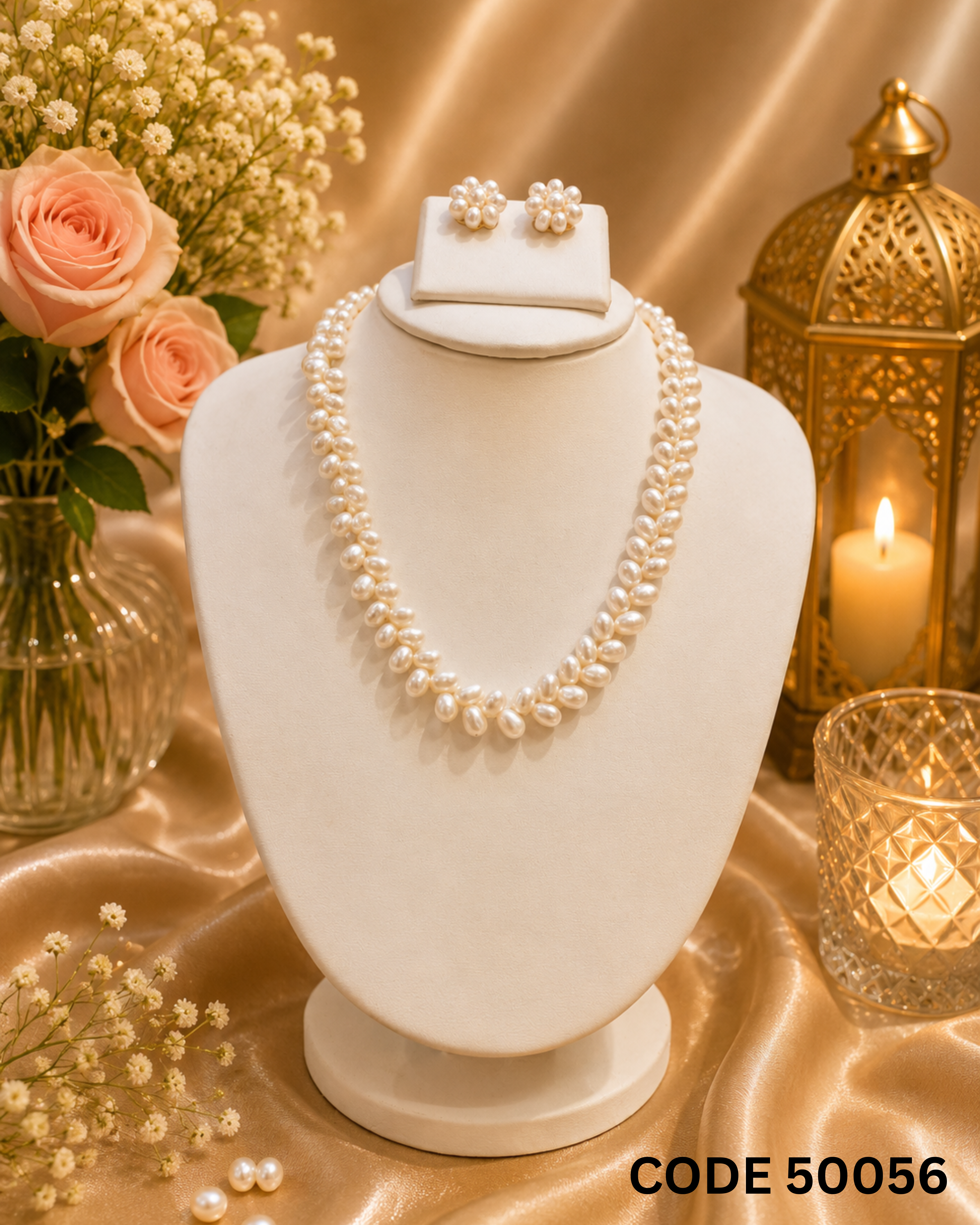 Premium Rice Pearl Double-Line Necklace Set – Code 50056