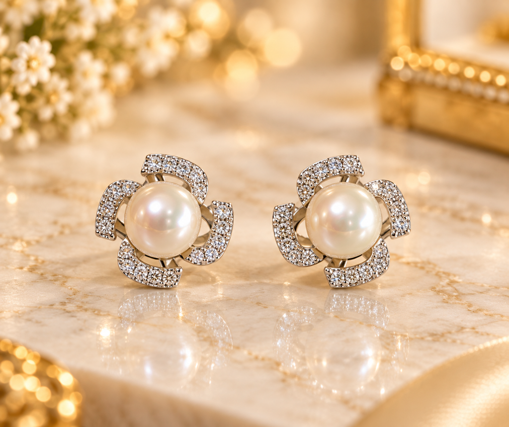 Pink Pearl Floral Stud Earrings – Code 7028
