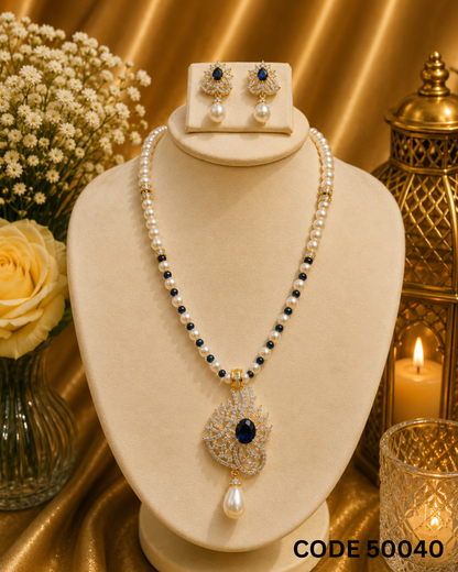 Pearl Necklace Set with Royal Blue Stone Designer Pendant & Earrings – Code 50040