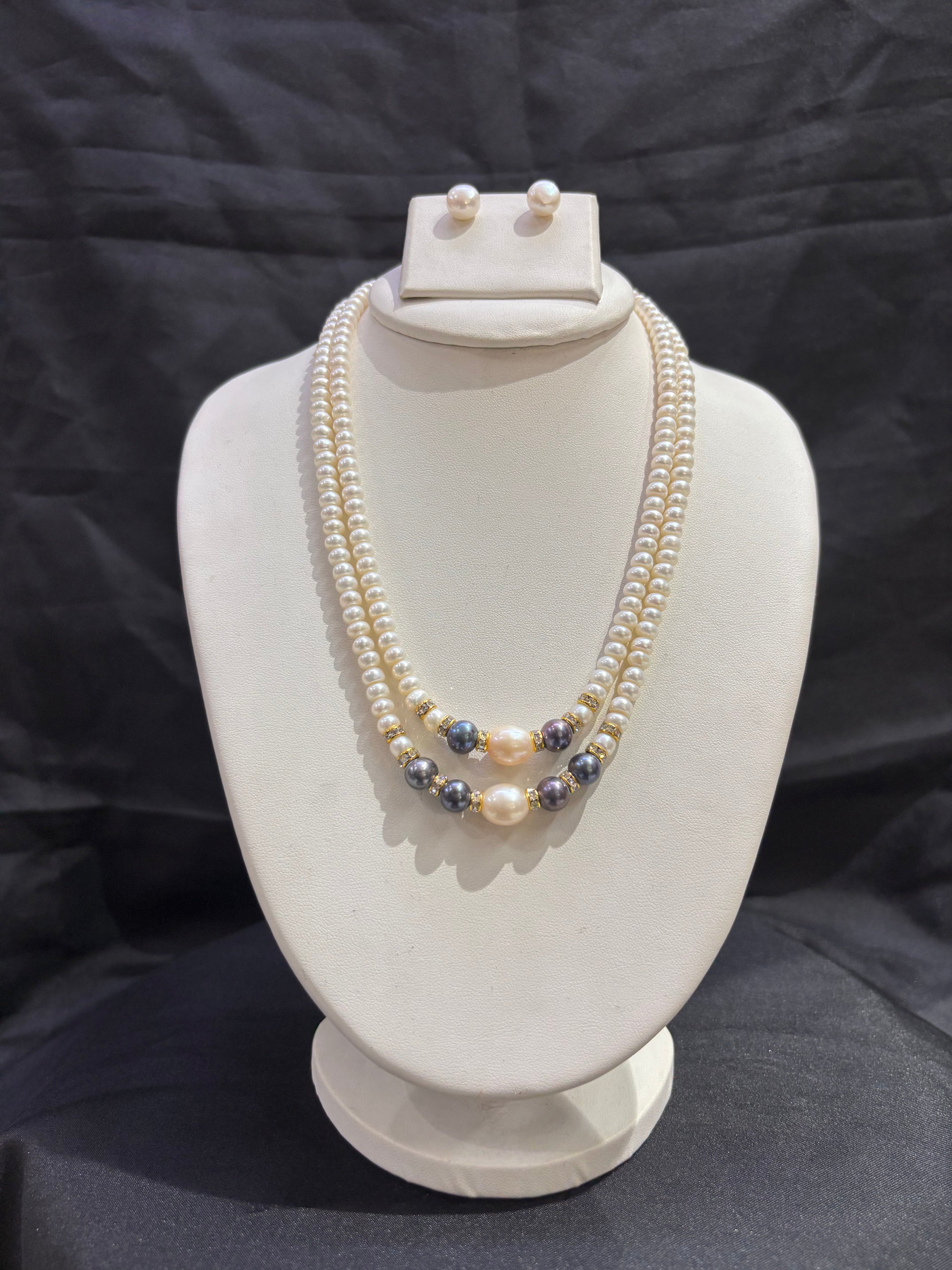Double Layer Freshwater Pearl Necklace Set with Peacock Pearl Accents