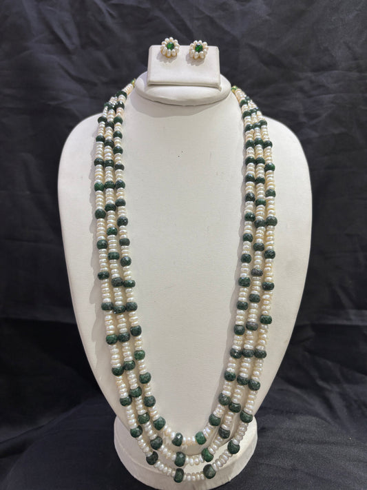 Luxury Emerald Green Faceted Stone & Freshwater Pearl 4-Line Necklace Set