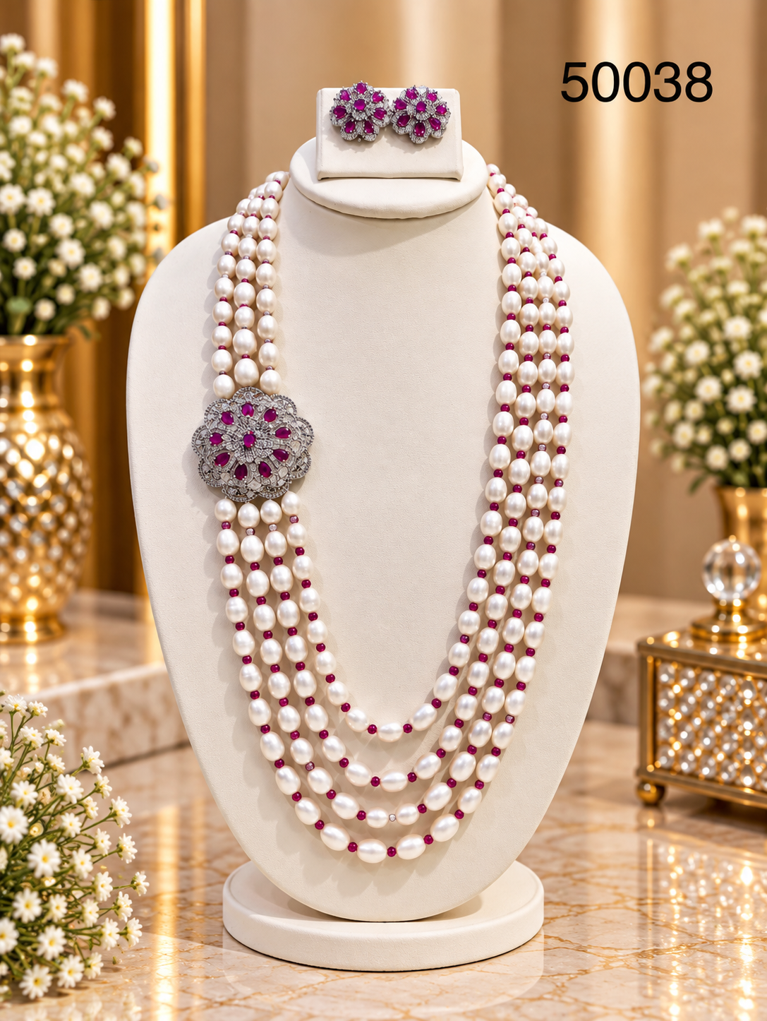 Pink Pearl Multi-Strand Necklace Set with Floral Motif